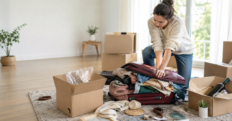Personne préparant une valise et des cartons de déménagement avec plusieurs erreurs d’emballage : vêtements en désordre, valise trop remplie, objet fragile mal protégé et accessoires dispersés.