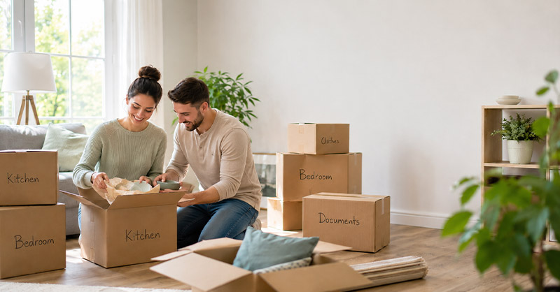 Cartons de déménagement bien organisés et étiquetés pour faciliter un déballage rapide.