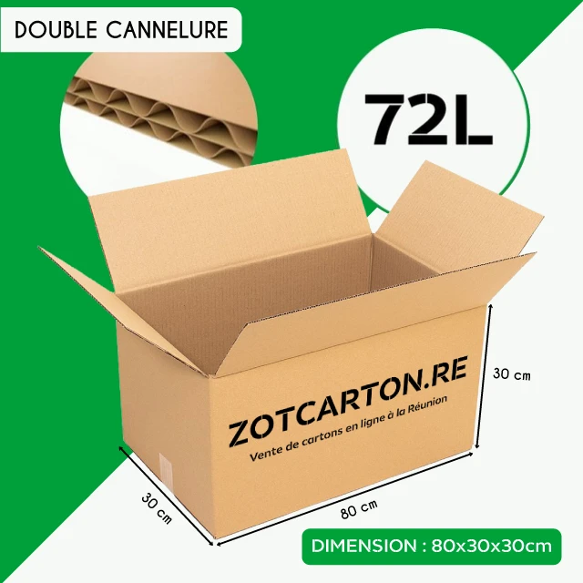 Grand carton de déménagement neuf 72 litres, format 60 × 40 × 30 cm